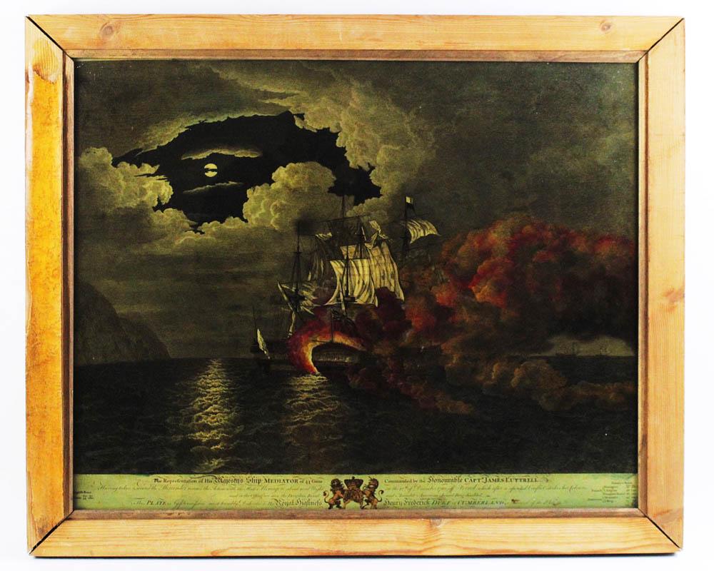 Engraving, British and American Ships in Battle: Engraving under glass of British and American ships in battle, full description at bottom, frame 24 1/2" x 29 1/2". Provenance: Athanas, The General Glover House, Swampscott, Massachusetts.