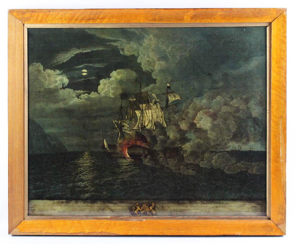 Engraving, British and American Ships: Engraving under glass of British and American ships, full description at bottom, frame 24 1/2" x 29 1/4". Provenance: Athanas, The General Glover House, Swampscott, Massachusetts.