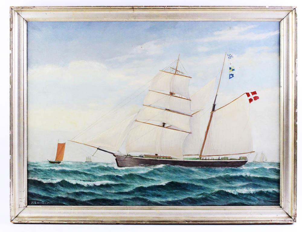 V. Arnesen, Danish Ship Under Sail: V. Arnesen, Danish ship under sail, signed L/L and dated 1880, 21 1/2" x 28 3/4", framed 24 1/2" x 31 1/2". Provenance: Athanas, The General Glover House, Swampscott, Massachusetts.