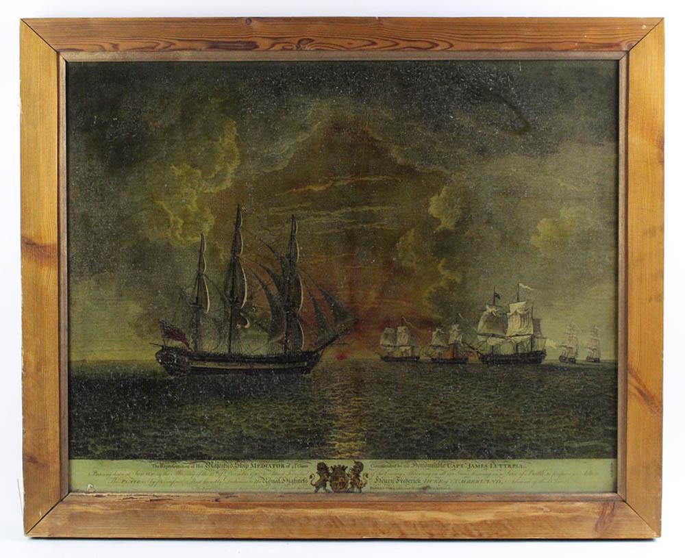Lithograph Under Glass of British Ships: Lithograph under glass of British ships, full description at bottom, frame 24 1/4" x 29 1/2". Provenance: Athanas, The General Glover House, Swampscott, Massachusetts.