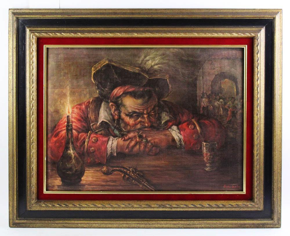 Man in Bar with Gun, Oil on Board: Man in a bar with gun, oil on board, signed indistinctly L/R, 18" x 24", framed 26 3/4" x 32 1/2". Provenance: Athanas, The General Glover House, Swampscott, Massachusetts.