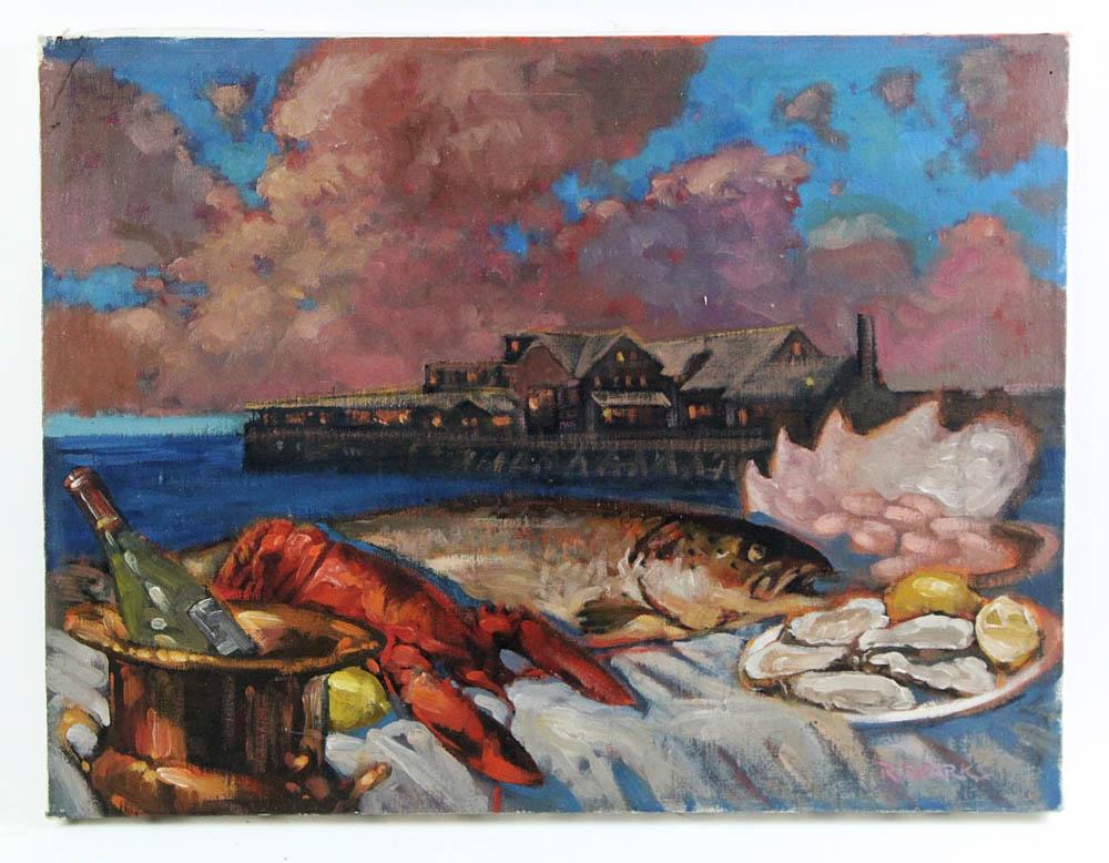 R. Stark, Still Life of Seafood, Oil on Canvas: R. Spark, still life of seafood, oil on canvas, signed L/R, 16" x 21", unframed. Provenance: Athanas, The General Glover House, Swampscott, Massachusetts.