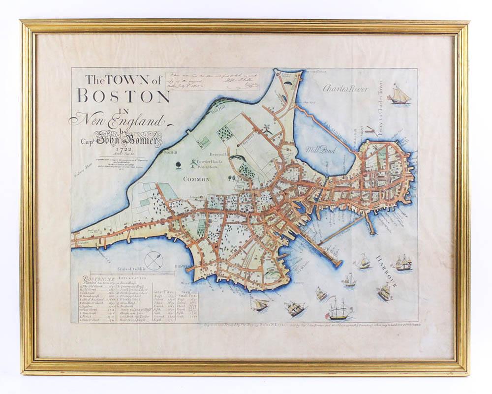 The Town of Boston, 1835 Copy of 1722 Map: Engraved and hand-colored map, "The Town of Boston", 1835 copy of a 1722 map, frame 23" x 29". Provenance: Athanas, The General Glover House, Swampscott, Massachusetts.