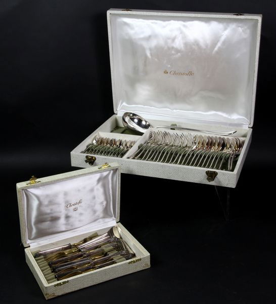 Christofle Flatware Service and Fruit Set: Christofle silver-plated flatware service for twelve (12), with twelve (12) dinner forks, twelve (12) large spoons, twelve (12) teaspoons, twelve (12) coffee spoons marked "800", large punch ladle, no