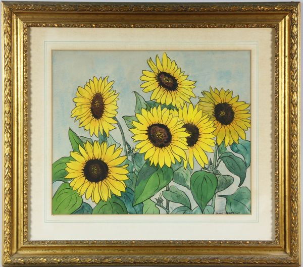 Peterson, "Sunflowers", Watercolor: Jane Peterson (1876-1965), "Sunflowers" Six full bloomed flowers on stalks against a pale blue background. Signed "Jane Peterson" lower right. Watercolor; 20 x 24 inches. In original gilt frame. From