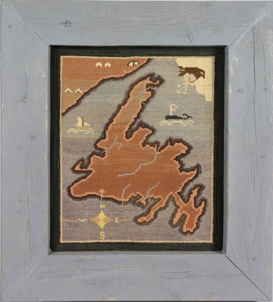 Mid 20th C. Grenfell Mat Map: Circa 1930's/40's Grenfell mat map of Newfoundland, dyed silk and rayon hosiery on burlap, map includes spouting whale and other details, 15"h x 12 3/4"w (sight), 21 3/4"h x 19 1/2"w (frame), in pink