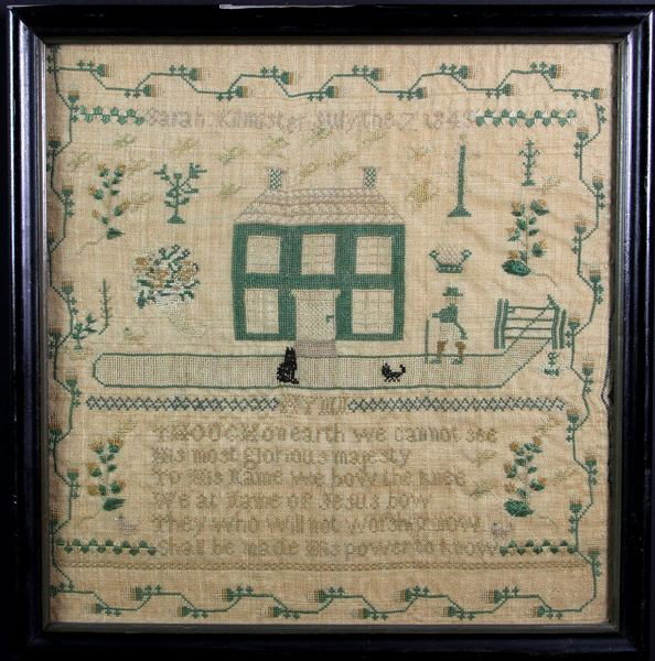 19th C. Pictorial Sampler: 19th century pictorial sampler of a horse, a gentleman, animals, and a hymn, signed "Sarah Kilmstet July the 7 1845", 12 5/8"h x 12 1/4"w (sight), 14 1/4"h x 14"w (frame). Some fading to colors.