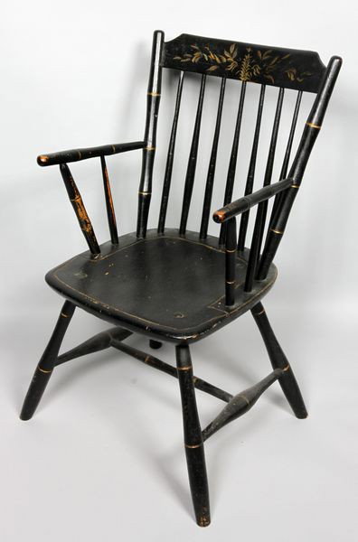 19th C. Windsor Armchair: 19th century Windsor armchair, horizontal splat above seven turned spindles joining bamboo-turned stiles and arms, on plank seat and splayed bamboo-turned legs joined by stretchers, (repainted black w