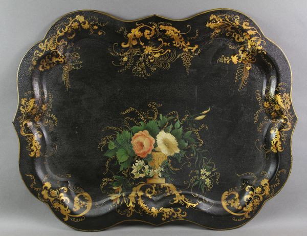 Stenciled and Painted Tin Tray: Stenciled and painted floral tin tray, painted by Mildred L. Ewer, April 9, 1943. From the Calkins' Estate.