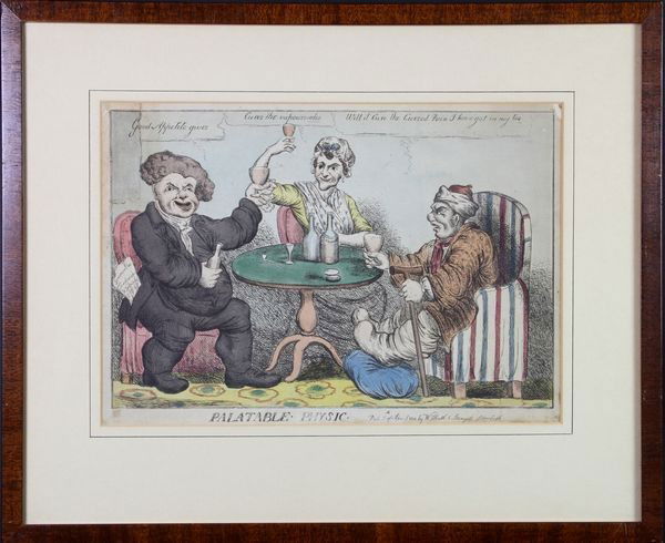 "Palatable Physic", Etching: Early English satirical etching hand-colored, titled "Palatable Physic", published April 1810 by William Heath, Lambeth, scene of drunken preacher, lady and man with gout around a tea table, 9 1/2" x
