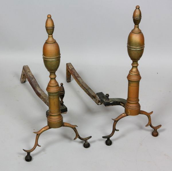 19th C. Brass Andirons: 19th century brass andirons, double lemon top, 20"h.