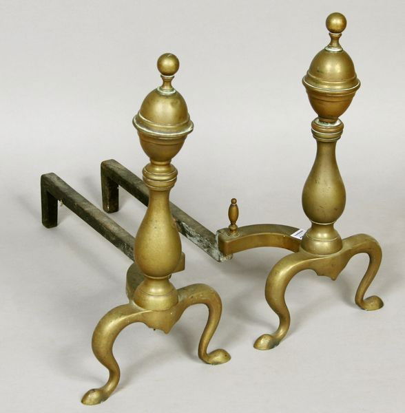 Pair of 19th C. Chippendale-style Brass Andirons: Pair of 19th Century Chippendale-style brass andirons, 16 1/2"h. Good condition.