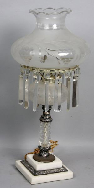 Signed 19th C. pairpoint Astral Lamp: Signed 19th Century pairpoint cut glass Astral lamp with grape and leaf pattern, with "fish scale" cut stem and silver plated fittings, 19"h. Good condition.