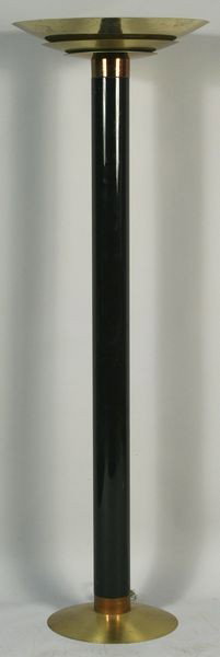 20th C. Art Moderne Style Torchiere Floor Lamp: 20th Century Art Moderne style torchiere floor lamp, brass and black painted metal, 7'2"h. Good condition. Provenance: From the 20th Century Props lighting collection in Hollywood, C.A.