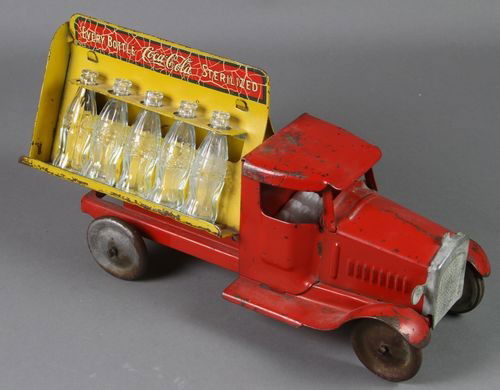 Metalcraft Coca - Cola Truck: Coca - cola delivery truck by Metalcraft, includes driver and ten (10) glass bottles, circa 1930, 6" x 11" x 4"d. Some paint loss.