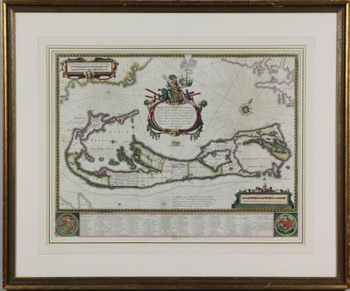 19th C. Blaeu, Map of Bermuda: 19th century restrike print, hand colored, Guiljelmus Blaeu, map of Bermuda circa 1662, 16 3/4" x 21 3/4" (sight), 24 1/2" x 29 3/4" (frame), under glass. Good condition.