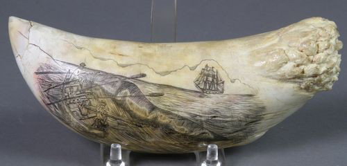 Scrimshaw with Whaling Scene: Early scrimshaw with whaling scene, whale tooth, 7" L. Some cracks to tip.