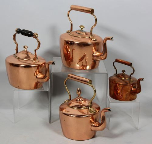 Four Copper Kettles: Four (4)kettles, copper, some with dovetaling, 11" x 11" (largest). One with repaired cover, recently polished.