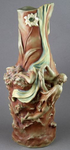 Art Nouveau Amphora: Art Nouveau amphora, circa 1900, ceramic vase with two lovers, 17 1/2" x 8". Good Condition.