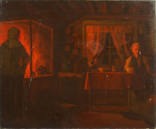 Svend Svendsen, Nighttime Genre Scene, o/c/b: Svend Svendsen (American, 1864-1945), interior nighttime genre scene, o/c mounted on board, 20" x 24", unframed, signed LR. Scattered inpainting.