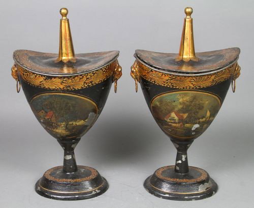 Pair of Tole Chestnut Jars: Pair (2) of 19th Century English tole chestnut jars having landscape scenes, 12 3/4" x 7 1/2" x 5".