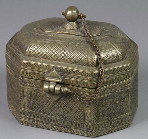 18th C. Jewelry or Opium Box: 18th century Iranian jewelry or opium box, engraved bronze, 5 1/2" x 5 3/4" x 4".