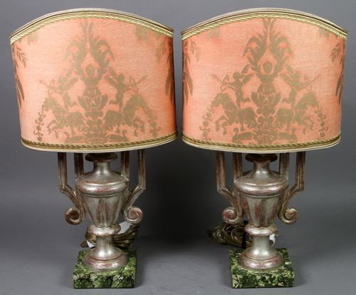 Pair of Vases Converted into Lamps: Pair (2) of Italian silver gilt urn vases on faux marble bases converted into lamps, Fortuny half-shades, 18" x 4" x 10 1/2".