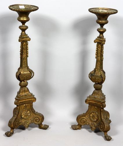 Pair of Altar Candlesticks: Pair of 18th Century altar candlesticks on triangular bases, gilt bronze, 26" x 9 1/2".