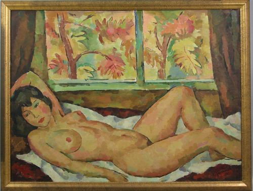 Filipov, "Reclining Woman by Window," O/C: Oleg Filipov (Russian, 20th Century), "Reclining Woman by Window," oil on linen canvas, signed and dated "1992" lower right, 23 3/4" x 31 3/4" sight size, 26 1/2" x 34" frame size. Undamaged.