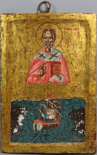 20th C. Greek Icon of St. Nicolas: 20th Century Greek icon of St. Nicholas in two registers, St. Nicholas on top, ship and sea below, 9"h x 12"w.