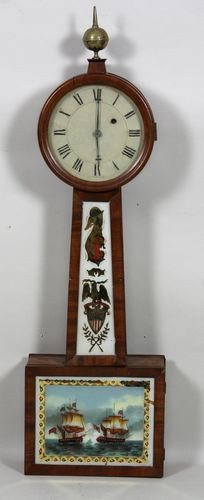 Mahogany Banjo Clock: Mahogany banjo clock with reverse painted panels and tin face, 29 1/2"h x 10"w x 3 1/2"d. Glass on lower panel broken, glass on face separated from wood.