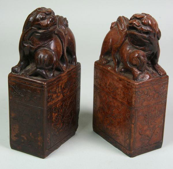 Two Blank Soapstone Chops: Two blank soapstone chops, China, 19th century, with foo dog tops, largest is 7" high, undamaged.