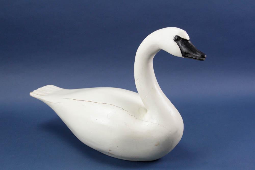 Good Decoy, Signed Robert Johnson: Goose decoy, painted wood, signed Robert Johnson, Rutland, VT, 13" x 21". Provenance: Contents of a Boston penthouse suite.