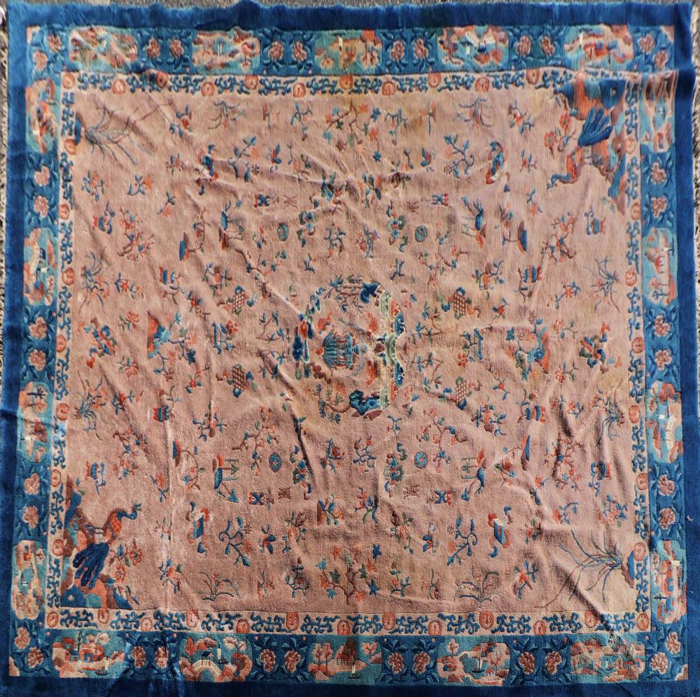 Early 20thC Chinese Wool Rug with Peacocks: Early 20th century Chinese wool rug with peacocks and village scene, 11' 8" x 9' 2". Provenance: Gloucester, Massachusetts collection.
