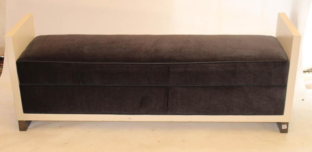 Modern White Lacquer and Upholstered Bench: Modern white lacquer and upholstered bench, 24" H x 65" W x 18" D.