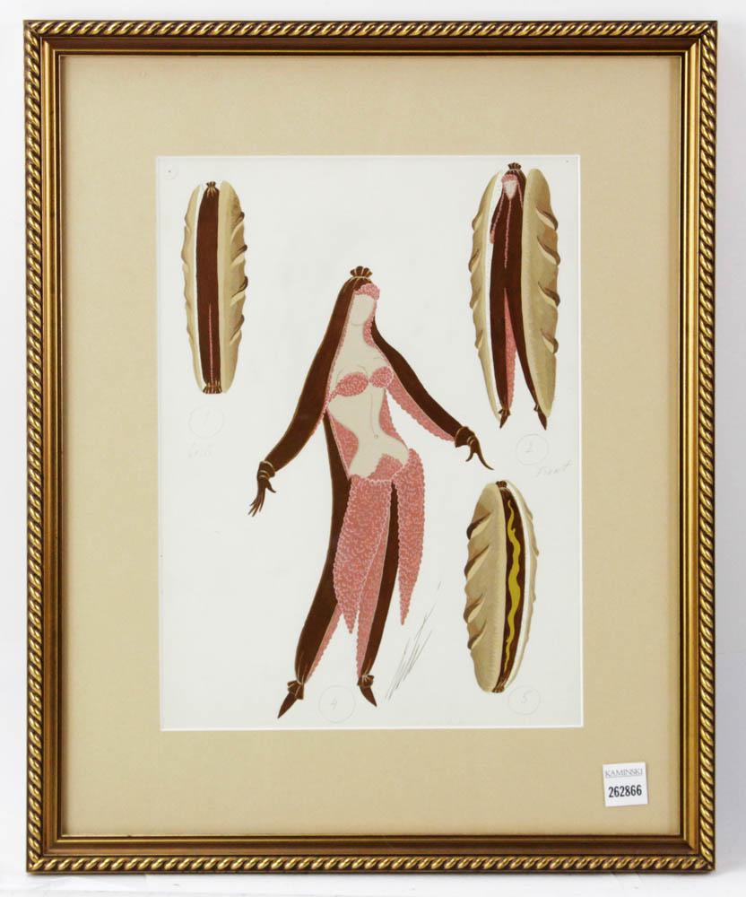 Erte, Hotdog Lady, Gouache: Erte, Hotdog Lady, gouache, 13 5/8" x 10" view. Attached verso is a Certificate of Authenticity stating an original work of the artist. Provenance: Middleton, Massachusetts collection.