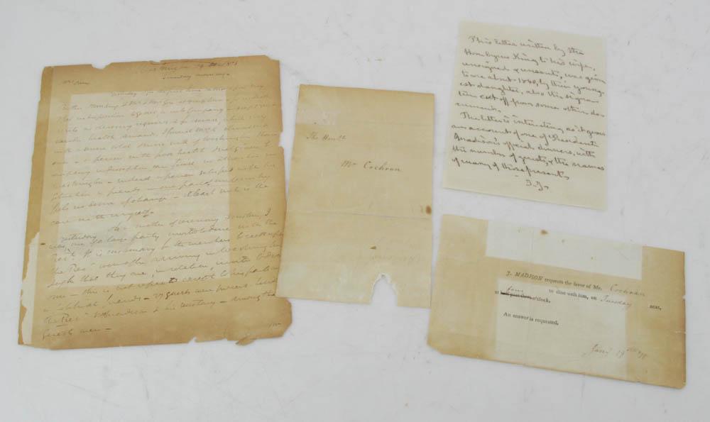 President James Madison Ephemera, 1810: President James Madison dinner invitation, with envelope, with letter about said dinner, date Jan 19th 1810. Provenance: Acton, Massachusetts collection.