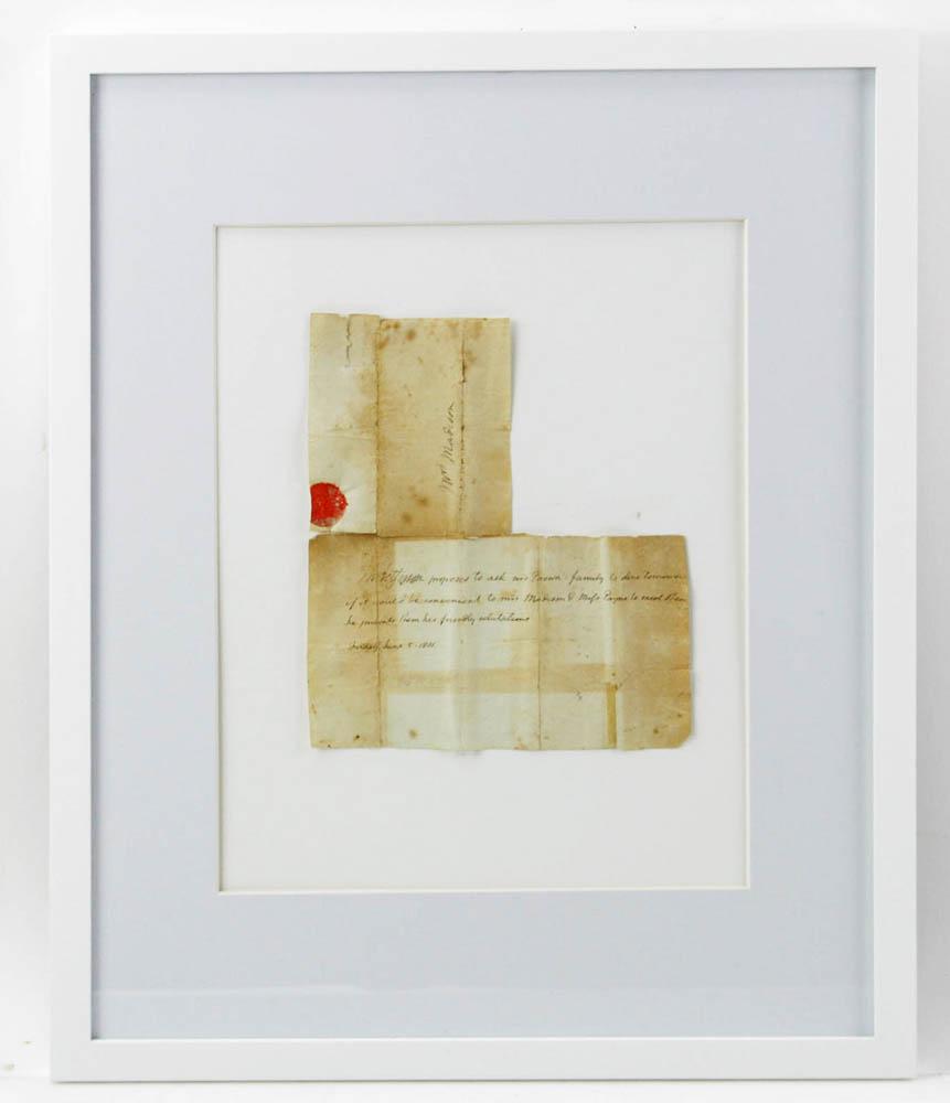 Signed Thomas Jefferson Note, 1801: Signed Thomas Jefferson note - "Th Jefferson proposes to ask Mr [or Mrs] Brown's family to dine tomorrow if it would be convenient to Mrs [or Mr] Madison and Mifs [Miss] Payne to meet them he presents