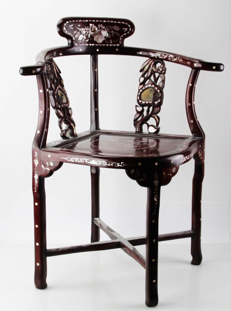 Chinese Mother-of-Pearl Inlaid Armchairs: Chinese mother-of-pearl inlaid armchairs, 34" x 27". Provenance: "Rock Edge" Prides Crossing, Beverly, MA.