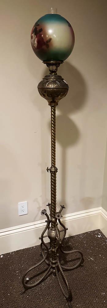 Victorian Brass Floor Oil Lamp: Victorian brass floor oil lamp, 70" x 17". Provenance: "Rock Edge" Prides Crossing, Beverly, MA.