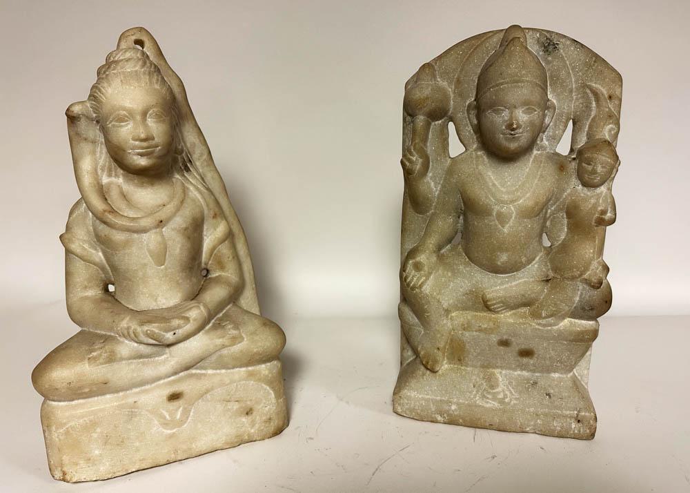 18th/19thC Southeast Asian Marble Buddhas: 18th/19th century Southeast Asian carved marble Buddha, lot of (2), one 16" H x 8" W x 7" D; the other 17" H x 9" W x 4" D. Provenance: "Rock Edge" Prides Crossing, Beverly, MA.