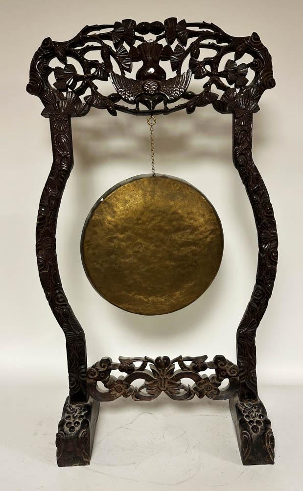 Chinese Carved Wood and Brass Gong: Chinese carved wood and brass gong, 36" x 21". Provenance: "Rock Edge" Prides Crossing, Beverly, MA.