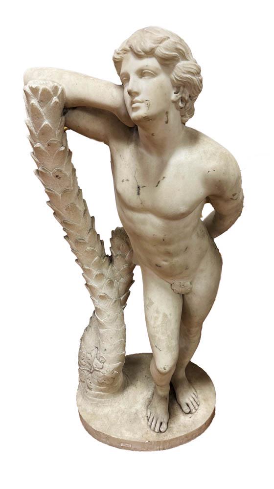 19thC Italian Marble Statue of David on Pedestal: 19th century Italian marble statue of David, 35 1/2" x 15", with black wood pedestal 30" x 22". Provenance: Estate of the late Nondas Lagonakis of Salem, MA, owner of Bill & Bob's Roast Beef.