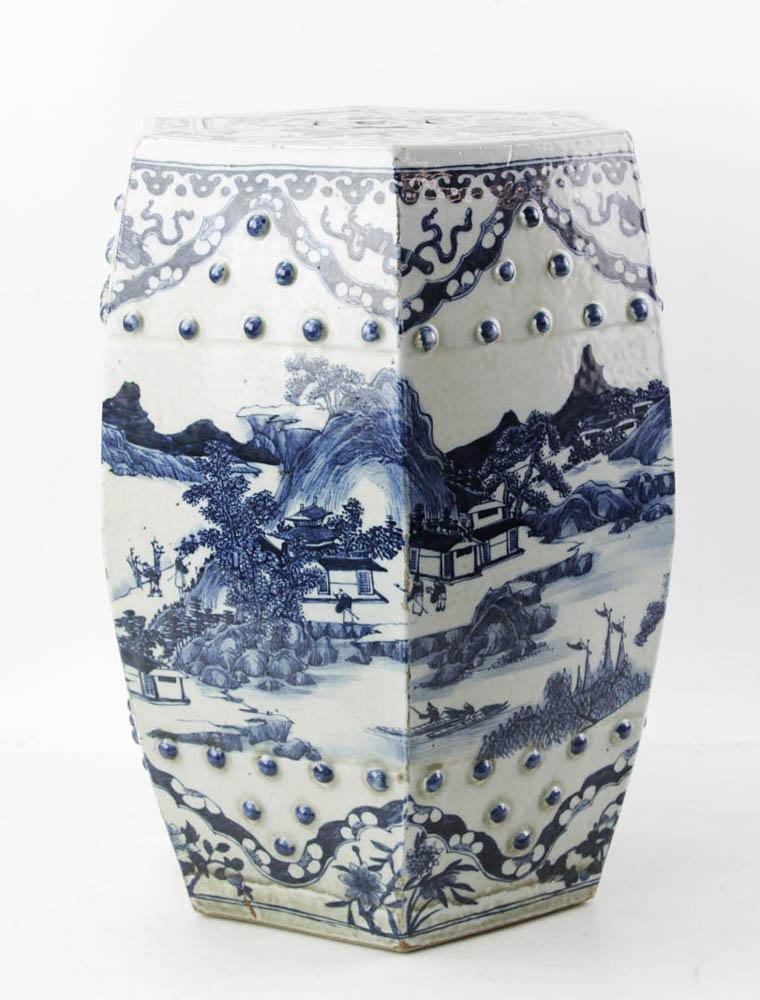 19thC Chinese Canton Garden Seat: 19th century Chinese Canton blue and white garden seat, 8 1/2" x 14". No cracks, minor chips. Provenance: Palm Beach, Florida estate.