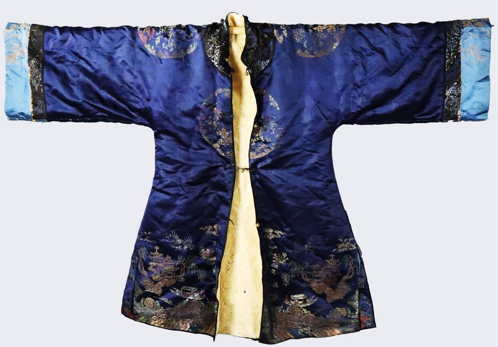 Chinese Embroidered Ladies Robe: Ladies' winter robe decorated with floral, landscape, and pavilion motifs. 43" H x 60" W. Provenance: From a private Collector of Milford, New Hampshire.
