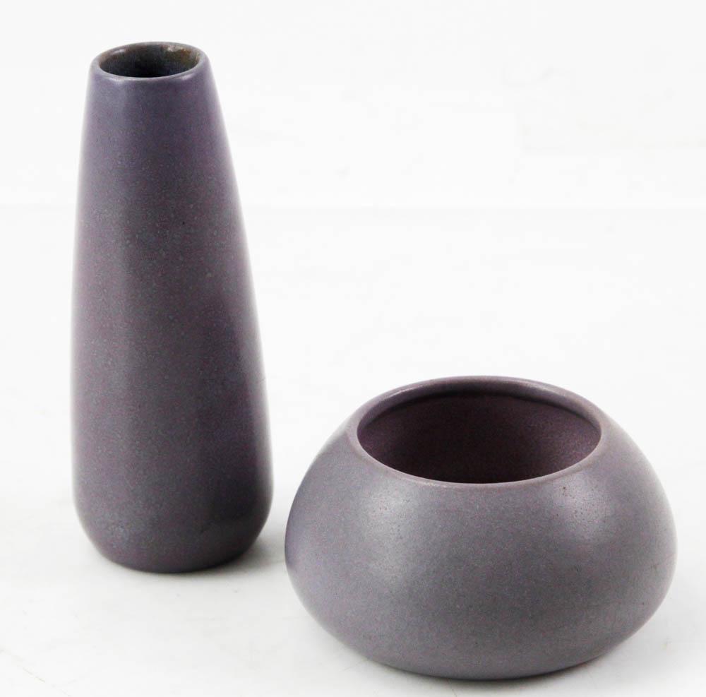 Marblehead Pottery Vases, Purple: Marblehead Pottery purple vases, sizes 4 3/4" x 2"; 2" x 3 1/2". Lot of (2). Provenance: Montecito, California collection.