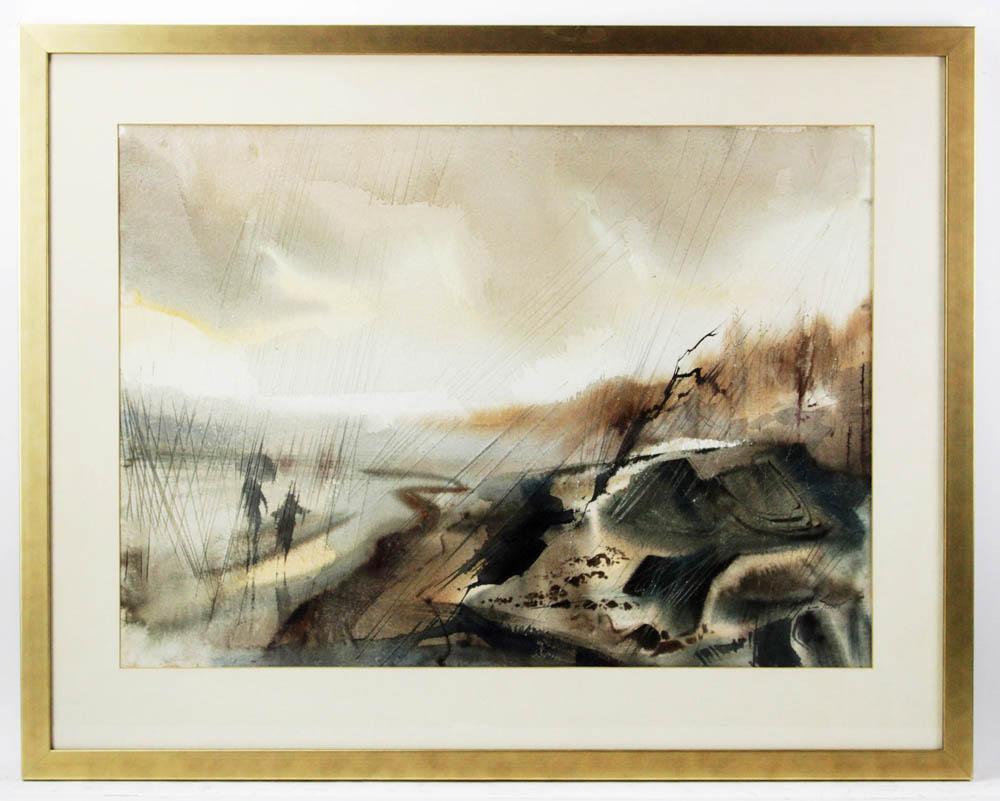 Laurence Sisson, During the Storm, Watercolor: Laurence Sisson (American, 1928-2015), "During the Storm", watercolor, signed L/R, 22" x 30", custom frames 30" x 38".