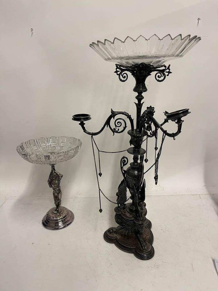 Silverplate Epergne and Figure with Crystal Bowl: Two silverplate items, including: epergne, Elkington Co. 1866, 26 1/2" x 15", lacking three crystal inserts; figure holding crystal bowl, 14" x 9 1/2".