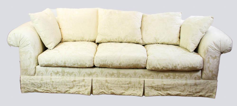Contemporary Sofa with Brocade Upholstery: Contemporary sofa with brocade upholstery, 28" H x 93" L x 39" D. Provenance: Other estates.