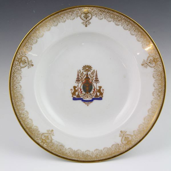 Important French Limoges Bowl: Important and rare French Limoges porcelain bowl, part of the Cambodian royal dinner service having hand-painted gold leaf crest, late 19th/early 20th century, with original customs seal 'Niem Phong H